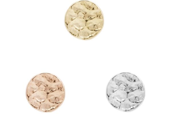 Three round 14K Hammered Disk buttons, each with a hammered, uneven surface, are arranged in a triangle: gold at the top, rose gold bottom left, and silver bottom right.