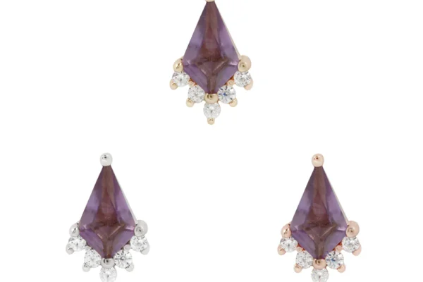 Three Noble - Amethyst + CZ - Threadless Ends, each featuring a triangular amethyst and small round white stones, set in yellow, white, and rose gold, elegantly displayed on a white background.
