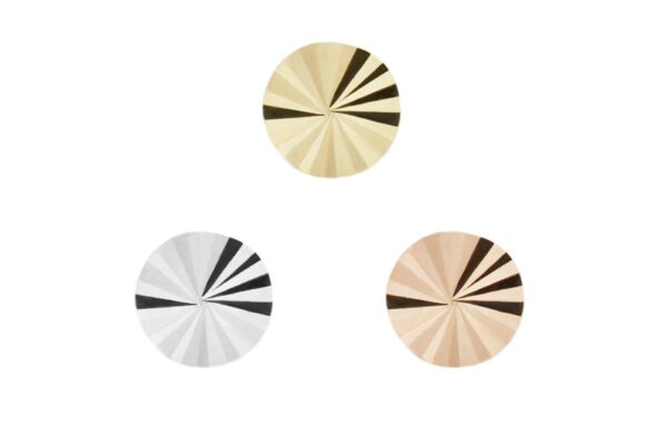 Three circular 14K Lazer Disk pieces with a radial, faceted design are arranged in a triangle on a white background: the top disk is gold, bottom left is silver, and bottom right is rose gold.