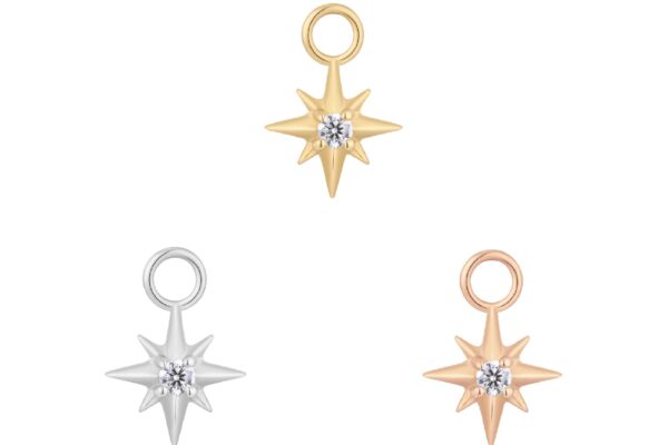 Three 14K Luminary - Charm eight-pointed star pendants, each with a central gemstone, are shown in gold, silver, and rose gold finishes against a plain white background.