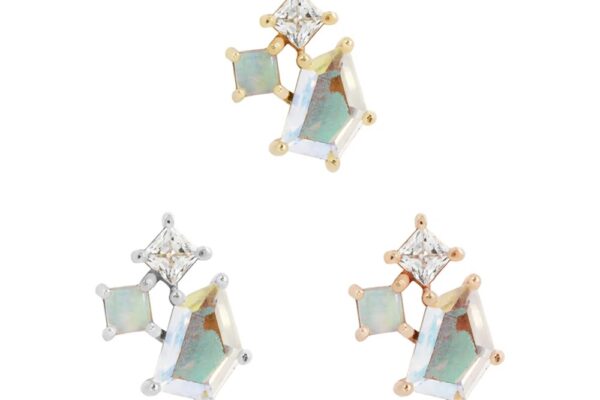Two geometric earrings with iridescent Mercury Mist Topaz stones, one set in gold with a 14K Lyra End and the other in silver, displayed against a white background.