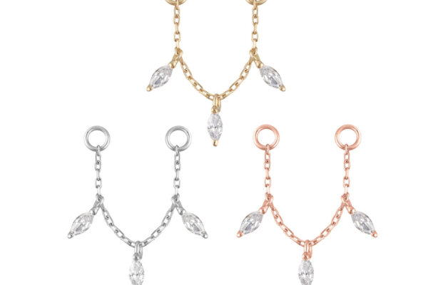 Three 14K Lyric - Chain connectors for earrings in gold, silver, and rose gold finishes, each featuring a curved design with three marquise-cut clear gemstones and a center hanging gem for extra elegance.