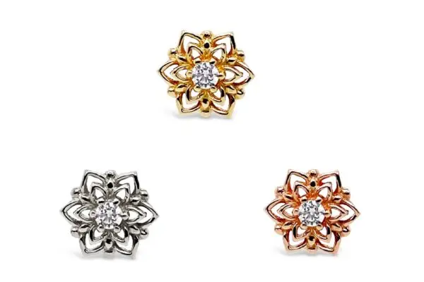 Three 14K Mandala flower-shaped stud earrings, each with a central clear gemstone, in gold, silver, and rose gold tones are arranged on a white background.