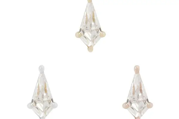 Three diamond-shaped CZ stones set in 14K Mini Soho End prongs of yellow, rose, and white gold, arranged in a triangle on a white background.