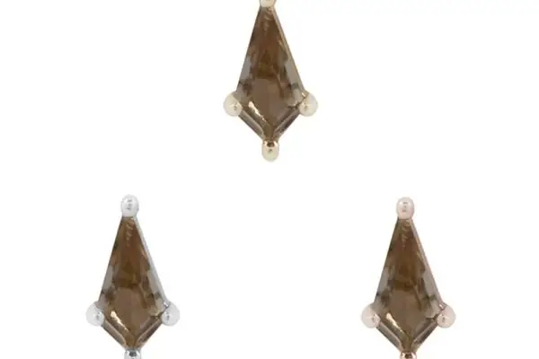 Three diamond-shaped smoky quartz gemstones are set in metal prongs, arranged in a triangular pattern on a plain white background—an elegant 14K Mini Soho - Smoky Quartz design.