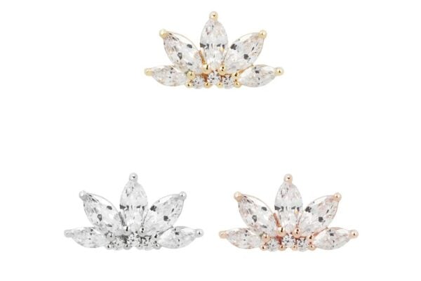 Three lotus-shaped 14K Mini Valentina stud earrings, each with marquise and round clear gemstones—one yellow gold, one white gold, and one rose gold—are displayed on a white background.