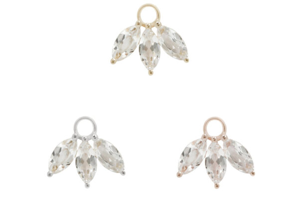 Three small 14K Moet Charms, each with three marquise-cut clear stones in a fan shape and gold, silver, and rose gold loops at the top, displayed on a white background.