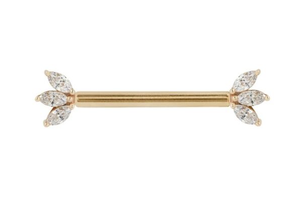 The 14K Moet - CZ - Forward Facing gold barbell piercing features clusters of three marquise-cut clear gemstones on each end, arranged to resemble delicate leaves or petals.