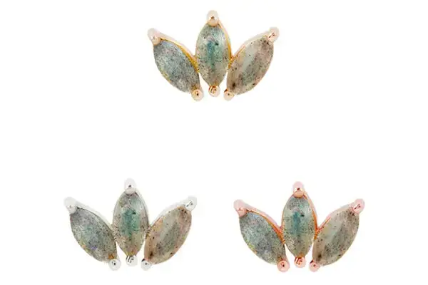 Three sets of 14K Moet - Labradorite marquise stud earrings in gold, silver, and rose gold are arranged in a simple geometric pattern on a white background.