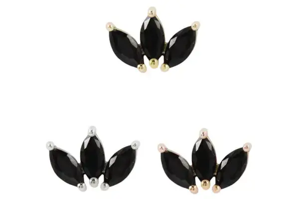 Three pairs of fan-shaped marquise black stone earrings: the top pair features the 14K Moet - Black Spinel with gold accents; the other two have silver and rose gold finishes.
