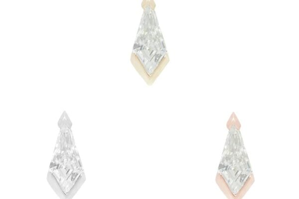 The 14K No Sleep Till Brooklyn earrings feature three geometric diamond shapes with clear gemstones and metallic borders in gold, silver, and rose gold, all displayed on a white background.