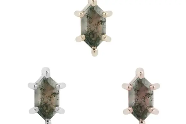 Three hexagonal Moss Agate studs, each secured by six prongs and finished in unique 14K gold tones, offer a distinctive style. Displayed on a white background. Product: 14K Oh Hell Yes! - Moss Agate.