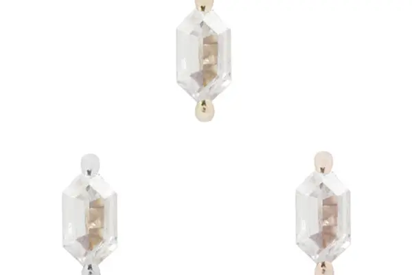 Three clear, faceted hexagonal gemstones from the 14K Oh My My! - CZ collection are arranged in a loose triangle, each accented with 14K gold or silver balls at both ends, displayed against a white background.