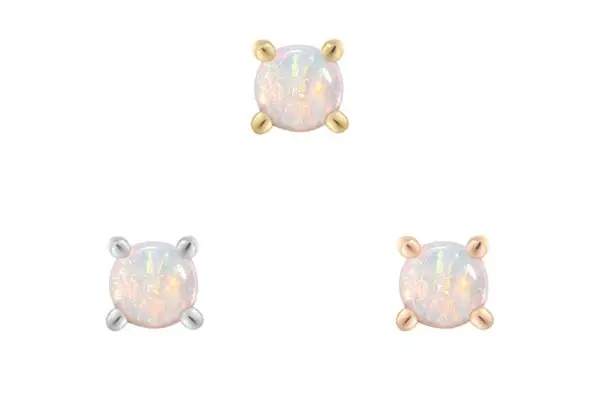 Three 14K Opal Prong stud earrings are shown on a white background in yellow gold (top), white gold (bottom left), and rose gold (bottom right) settings.