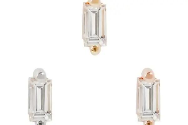 Three rectangular baguette-cut diamond earrings with round metal accents in 14K gold, rose gold, and silver are arranged in a triangular pattern on a white background. Text below reads 14K Paris - Genuine Diamond.