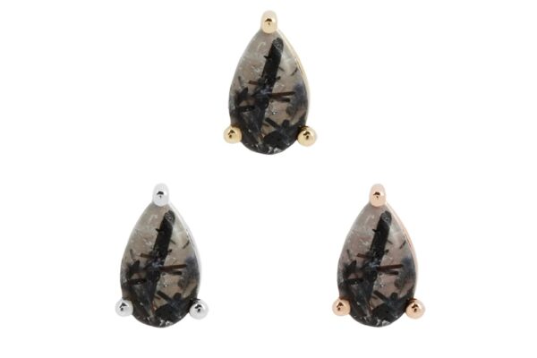Three 14K Tourmalated Quartz Pear studs, each teardrop-shaped with black inclusions, set in silver, yellow gold, and rose gold. Arranged in a triangle on a white background.