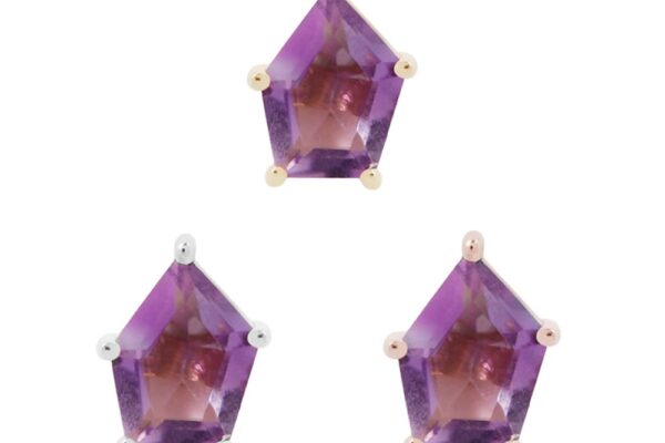 Three purple, pentagon-shaped amethyst gemstones shine with a unique orientation in prong settings, arranged in a triangle on a white background, showcasing the elegance of the 14K Penta - Amethyst piece.