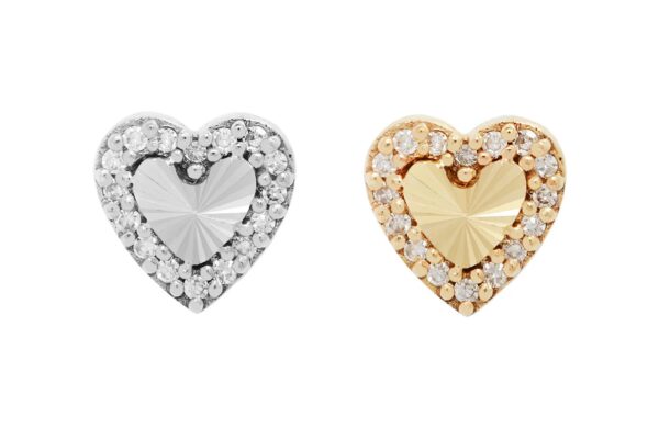 The 14K Rebel Heart studs include one silver and one gold heart-shaped earring, each with a metallic center and sparkling stones, finished with the signature Rebel Heart End on a clean white background.