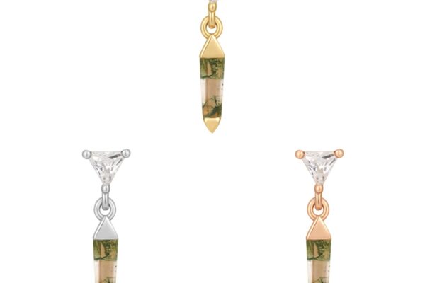 The 14K Savvy earrings feature three gemstone drop designs: one with a silver setting, one with a gold setting, and one with the 14K Savvy Agate End, each showcasing a triangular clear stone above a green-beige patterned point.