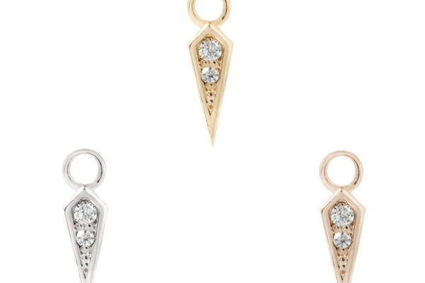 Three 14K Spike - Charm pendants are shown, each with two embedded gemstones. Two have a gold tone, one has a silver tone, and all include a top loop for easy jewelry attachment.