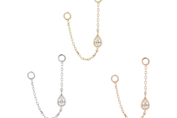 Three pairs of 14K Teardrop - Chain earrings in silver, gold, and rose gold. Each features a small clear gem teardrop charm with two connecting rings, joined by a delicate chain for a touch of elegance.