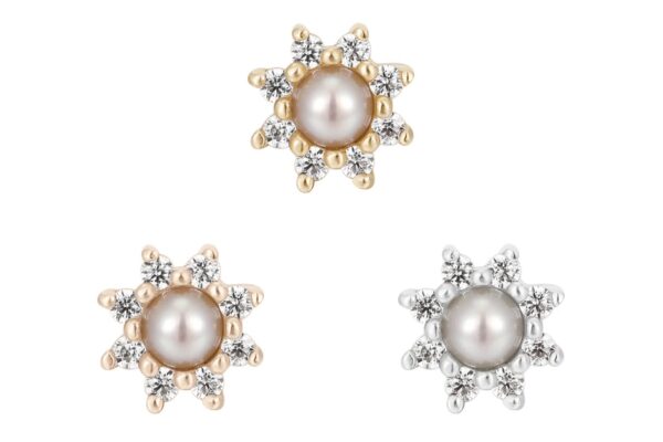 Three flower-shaped stud earrings, each with a 14K The Obsession Pearl End framed by small crystals. Two have gold-tone petals; one features elegant silver-tone petals.