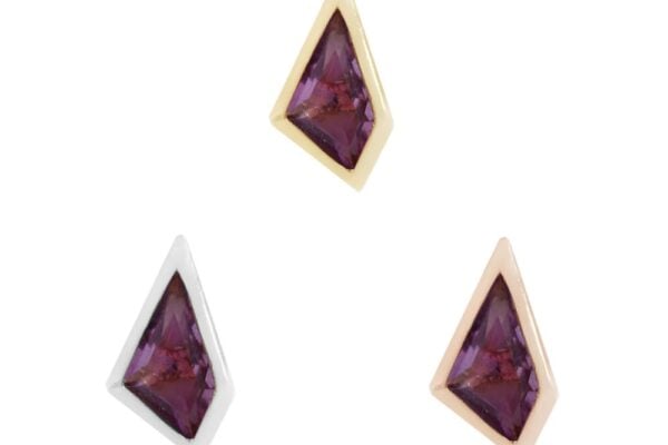 Three kite-shaped 14K Transcend - Amethyst stones are prong set, each outlined in yellow, white, and rose gold, and arranged in a triangle on a white background.