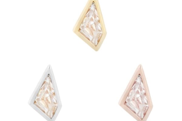The image shows three 14K Transcend - CZ diamond-shaped stud earrings in gold, silver, and rose gold settings, each with a clear CZ gemstone in the center.