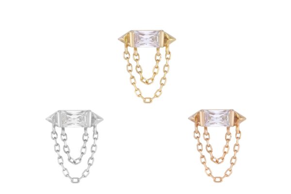 The 14K Vice set features three geometric stud earrings with rectangular clear stones and dual hanging chains, crafted in 14K Vice Gold End, silver, and rose gold, arranged in a triangle on a white background.