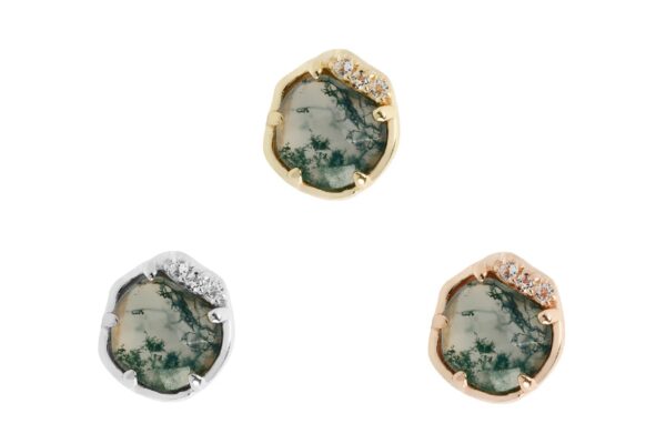 Three 14K Vision - Moss Agate stud earrings, each set in either yellow gold, rose gold, or white gold prongs. Each features a round moss agate and a curved row of sparkling stones along one edge.
