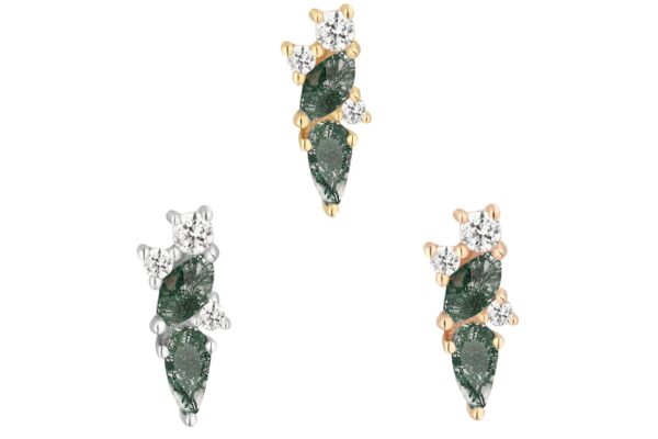 Three pairs of stud earrings—two in 14K gold, one in silver—with three green marquise and three round white stones each, arranged in a leaf-like cluster inspired by the 14K Visionary - Moss Agate design.