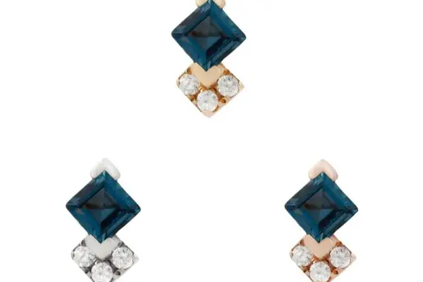 Three identical 14K Vivienne - London Blue Topaz earrings each feature a square blue topaz above two round white stones in gold and silver-toned settings, displayed on a white background.