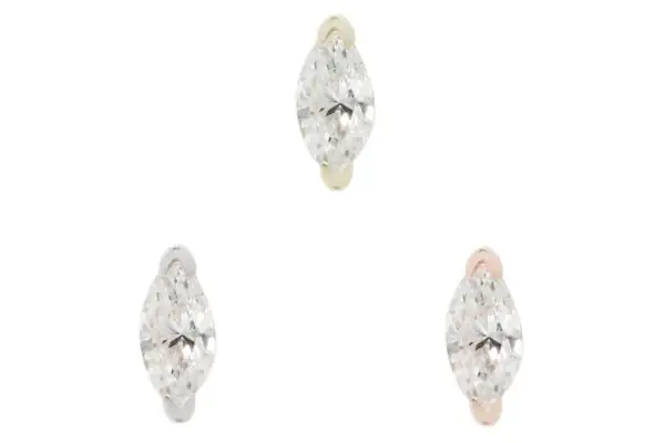 Three marquise-cut diamonds in 14K yellow, white, and rose gold prong settings are shown on a white background with "GENUINE DIAMOND" text—ideal for an elegant 14K Zuri - Cz style.