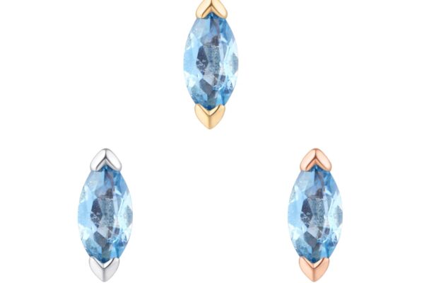 Three marquise-cut 14K Zuri - London Blue Topaz gemstones are set vertically in gold (top), silver (left), and rose gold (right) two-prong settings, displayed on a white background.
