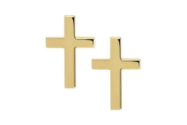 A pair of 18k Cross End gold cross-shaped stud earrings shown against a white background.