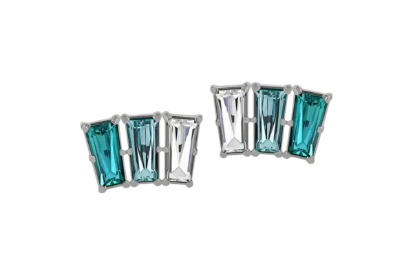 The 18k Tapered Baguette Fan End features alternating rectangular teal and clear gemstones set in silver-tone metal, arranged in a geometric, slightly curved design.