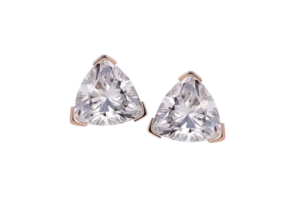 A pair of triangular, clear gemstone stud earrings in the 18k Trillion End setting, displayed on a white background.