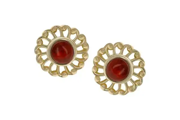 A pair of round 18K Virtue End gold earrings featuring an intricate openwork design and a central red gemstone, exuding timeless elegance.