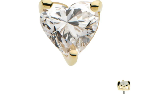 A 14K Prong Heart - Diamond earring featuring a heart-shaped lab-grown diamond, shown from front and side views on a white background. Text reads: Lab Grown Diamonds 14K Gold.