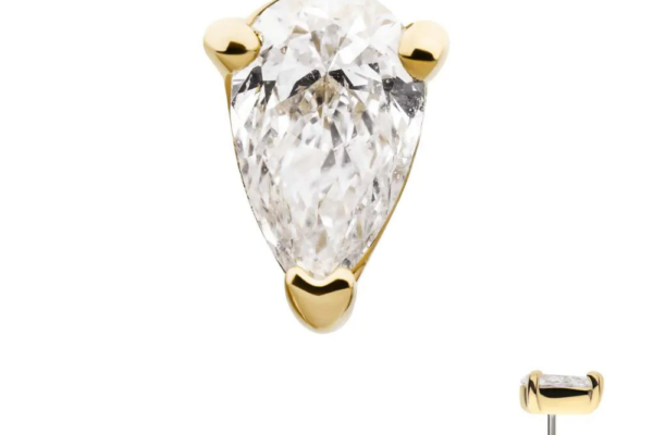 The 14K Prong Pear - Diamond stud earring showcases a lab-grown, pear-shaped diamond in a 14K prong setting. Displayed from front and side views on white with "Lab Grown Diamonds 14K Gold" text.