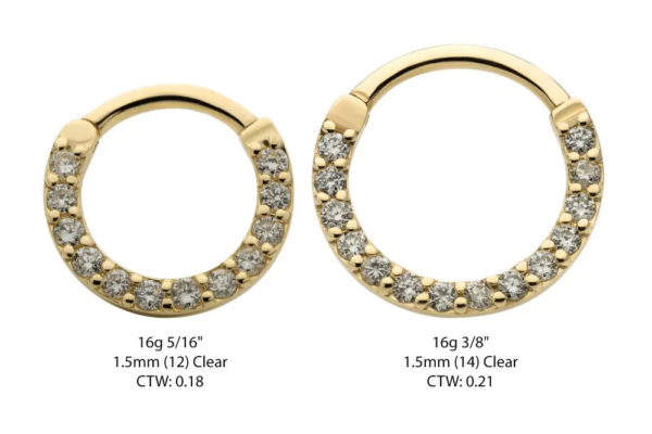 Two gold 14K Eternity Clicker - Diamond earrings with 1.5mm diamonds are shown: the left is size 16g 5/16" (CTW 0.18), the right is 16g 3/8" (CTW 0.21).