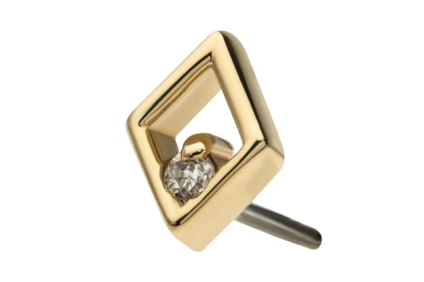 The 14K Hollow Rhombus - Diamond is a geometric stud earring with a square frame, hollow rhombus end, and a small round diamond in the center, shown on a white background.
