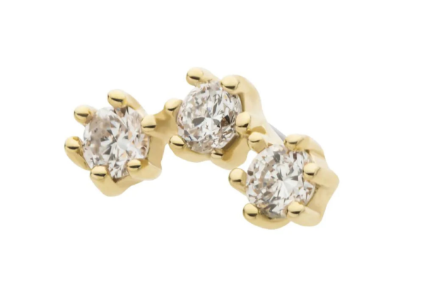 The 14K 6-Round Cluster - Diamond earring showcases three clear round diamonds in six-prong gold settings, arranged in a gentle curve.