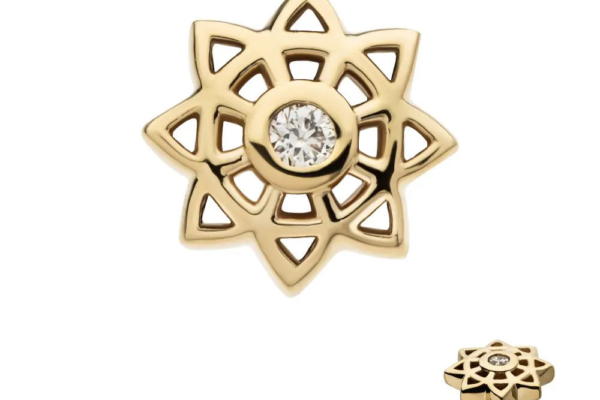 The 14K Mandala Flower - Diamond is a delicate earring in an openwork flower design with a round lab-grown diamond at its center, crafted from 14K gold. The image also shows its side profile.