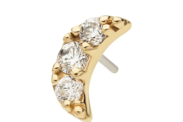 A 14K Crescent Moon - Diamond earring crafted in gold, featuring three round diamonds set in a row.