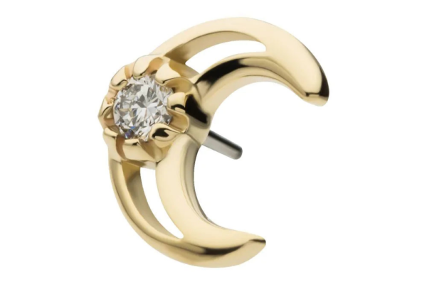 The 14K Hollow Crescent Moon - Diamond earring features a sparkling round diamond set at the center, crafted in 14K gold with a hollow crescent shape and a post for piercing.