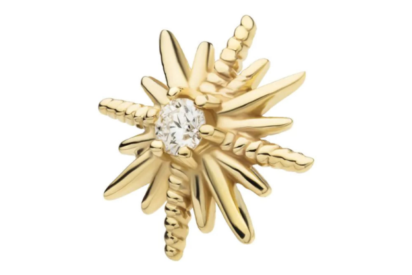 The 14K Sunburst - Diamond earring features a starburst design with textured and smooth rays and a central round diamond, presented against a plain white background.