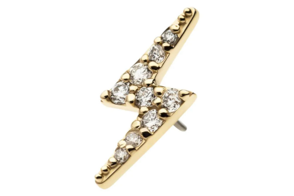The 14k Lightning Bolt - Diamond earring is crafted from gold and features a sparkling row of diamonds along its sleek surface.