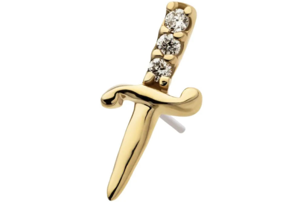 The 14K Dagger - Diamond earring, made of gold and featuring three small round diamonds on the handle, is shown against a plain white background.
