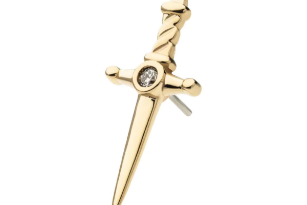 The 14K Bezel Dagger - Diamond is a 14K gold earring shaped like a dagger, with a twisted handle and a bezel-set diamond at the center of the crossguard.